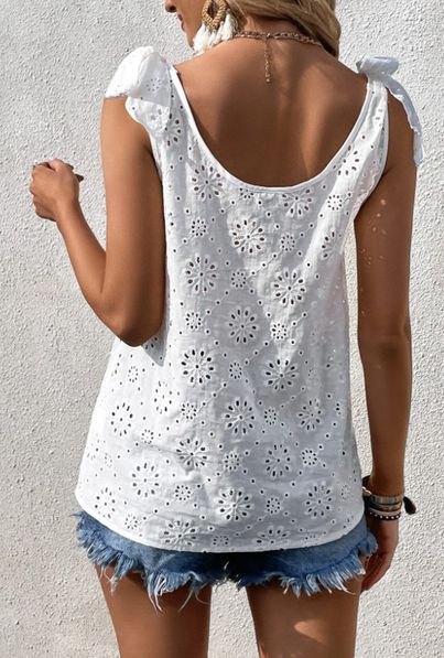 Tie Shoulder Eyelet V Neck