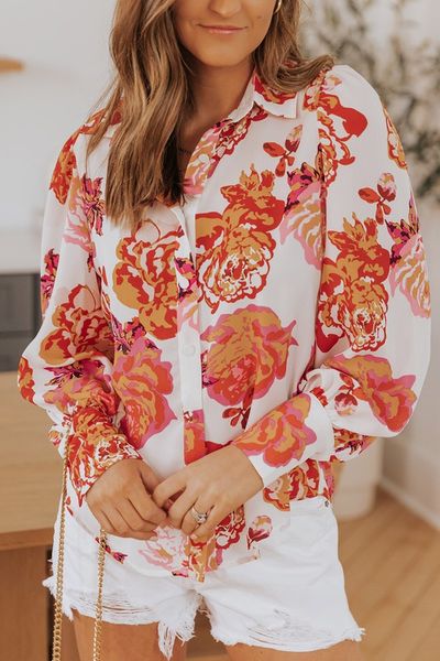 Orange Floral Long Sleeve Blouse