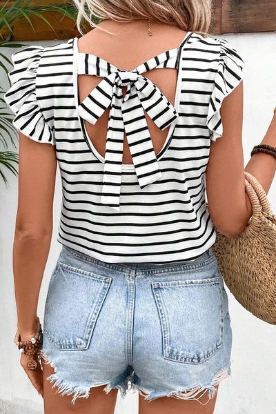 Stripe Ruffle Tie Back Top