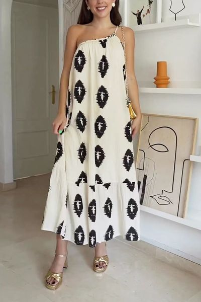 Graphic One Shoulder Maxi