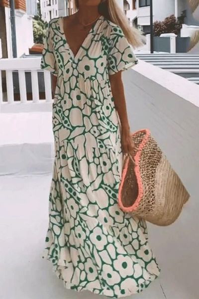 V Neck Flower Maxi Dress